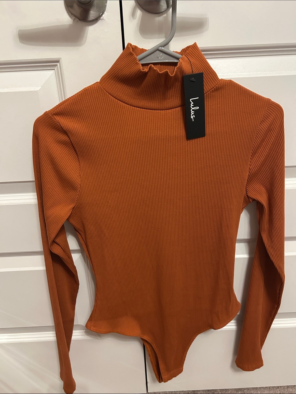 Lulu's Ribbed Mock Neck Long-Sleeve Bodysuit in Burnt Orange